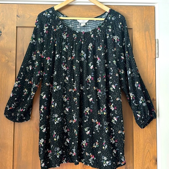 CJ Banks Peasant Blouse Womens 1X black/Floral smocked neckline Prairie crinkle - Picture 1 of 11